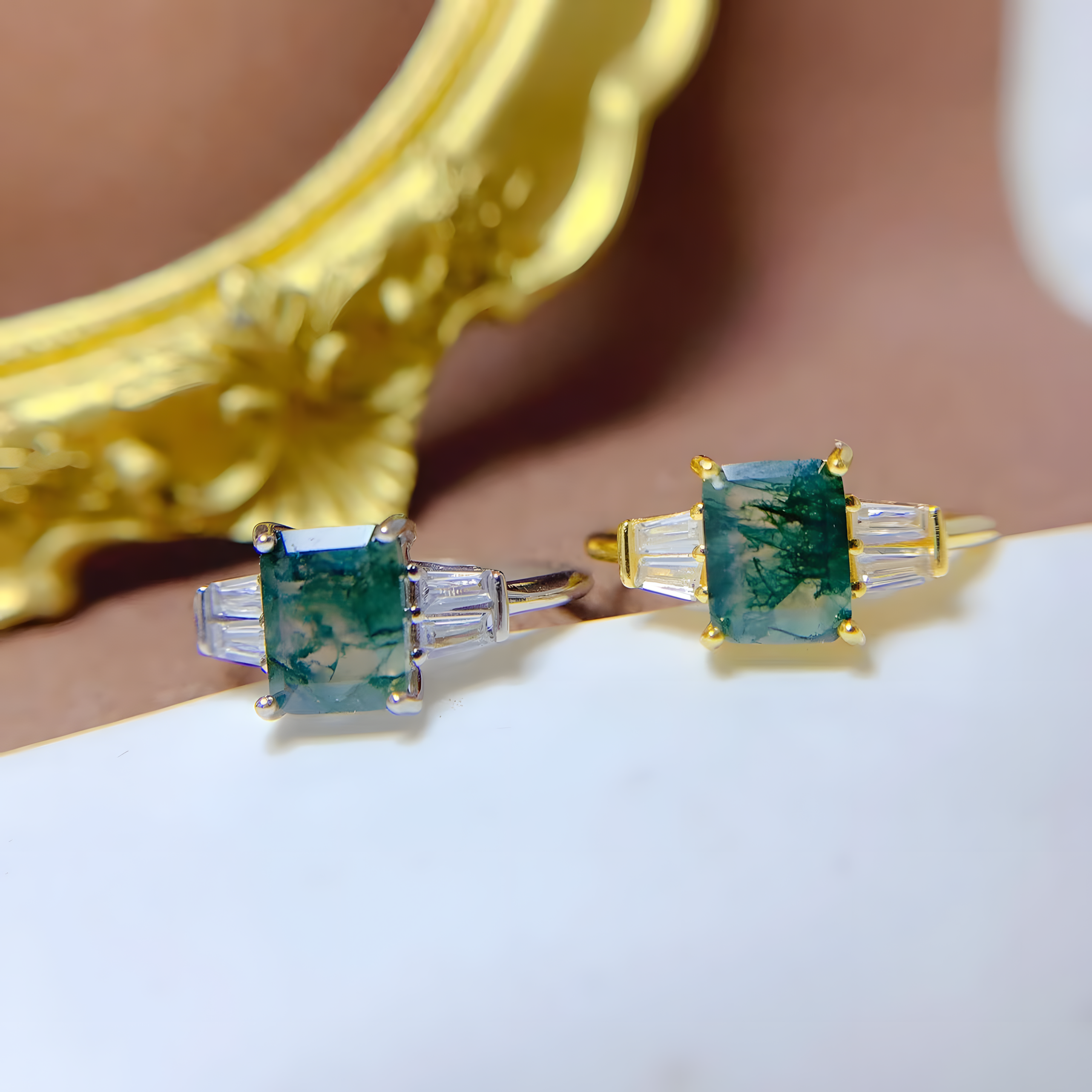 Square Moss Agate S925 Silver Ring Four Claws Design