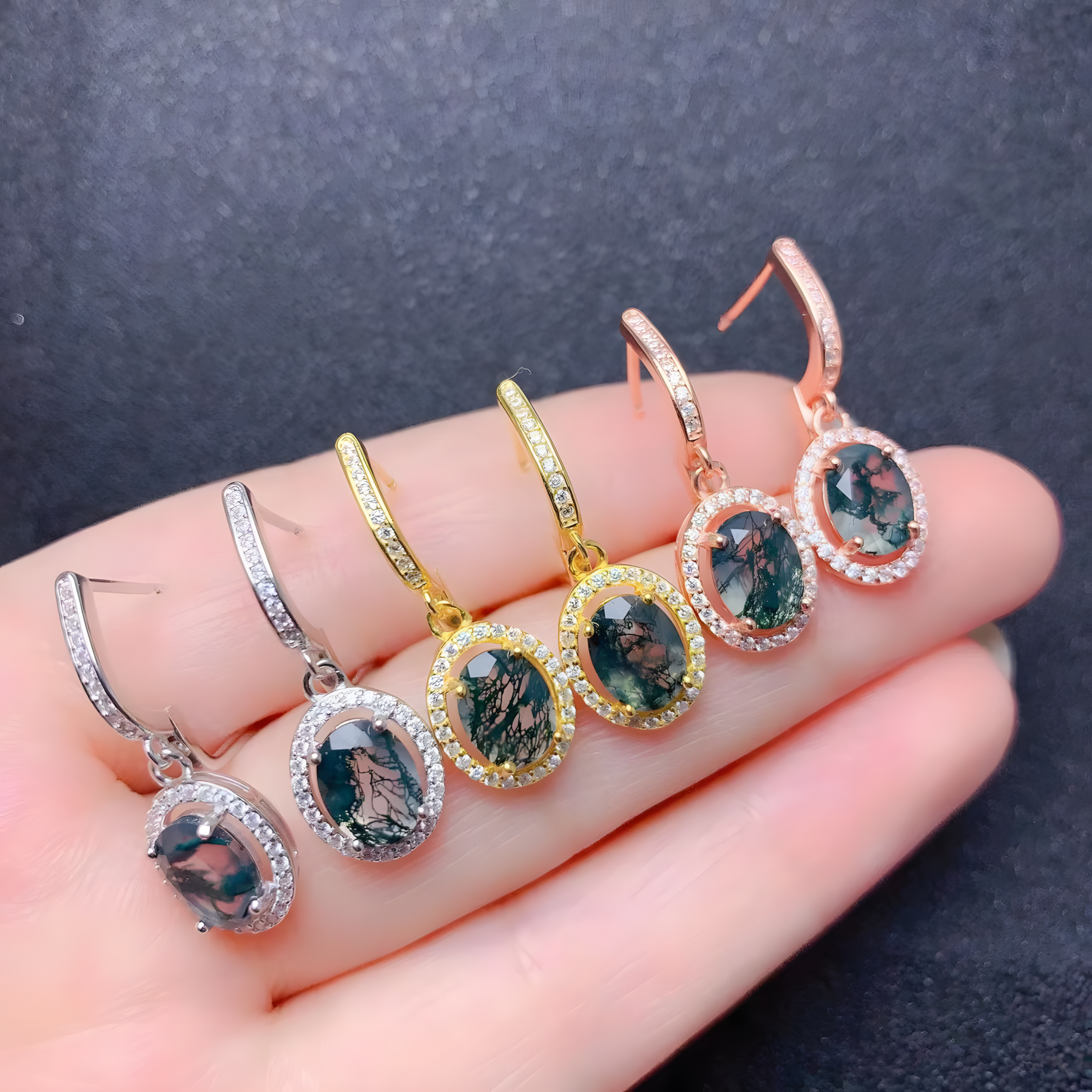 Oval Moss Agate S925 Silver Earrings Four Claws Design