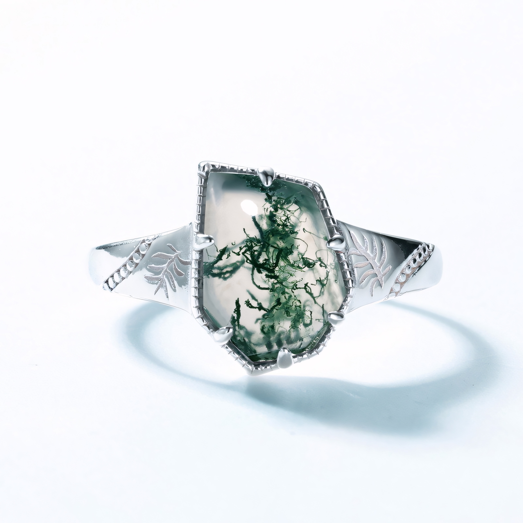 Geometric Irregular Shape Moss Agate Ring S925 Sterling Silver