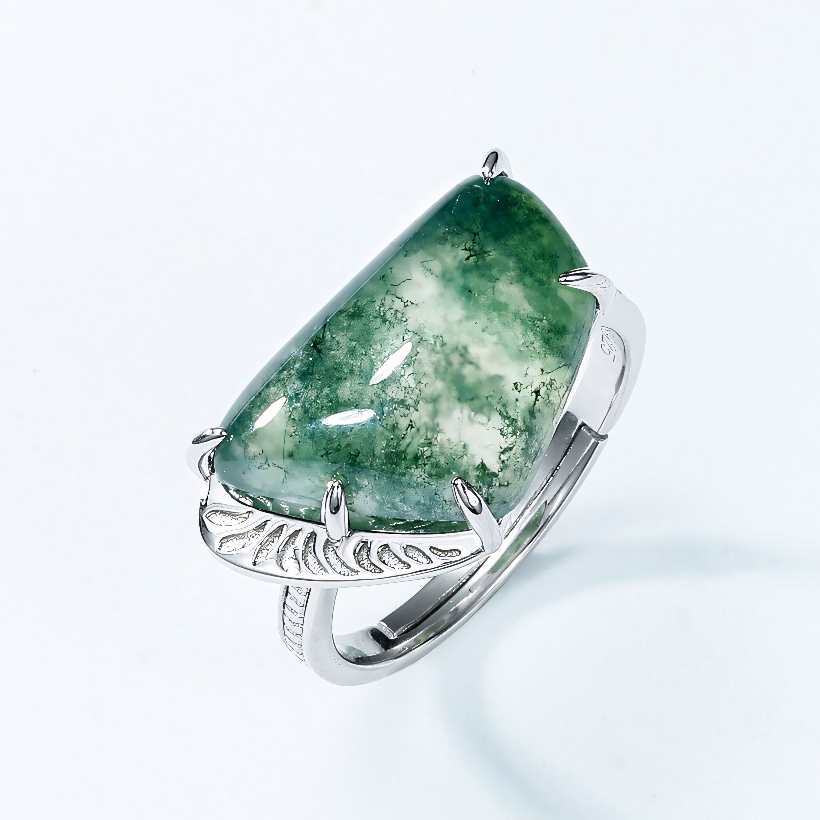 Personalised Exaggerated Geometric Moss Agate Ring S925 Sterling Silver