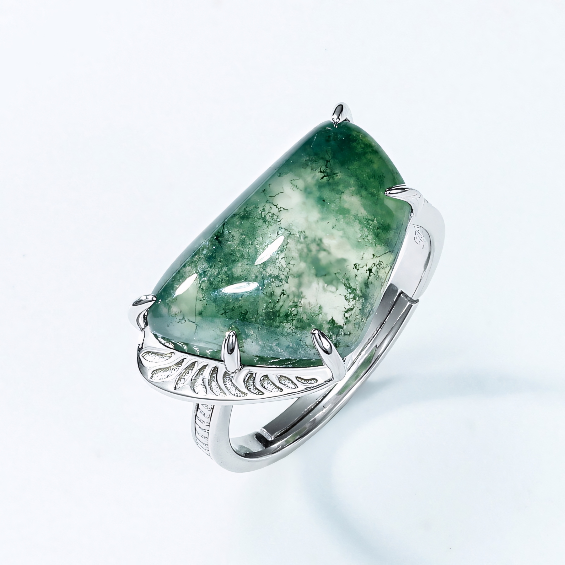 Personalised Exaggerated Geometric Moss Agate Ring S925 Sterling Silver