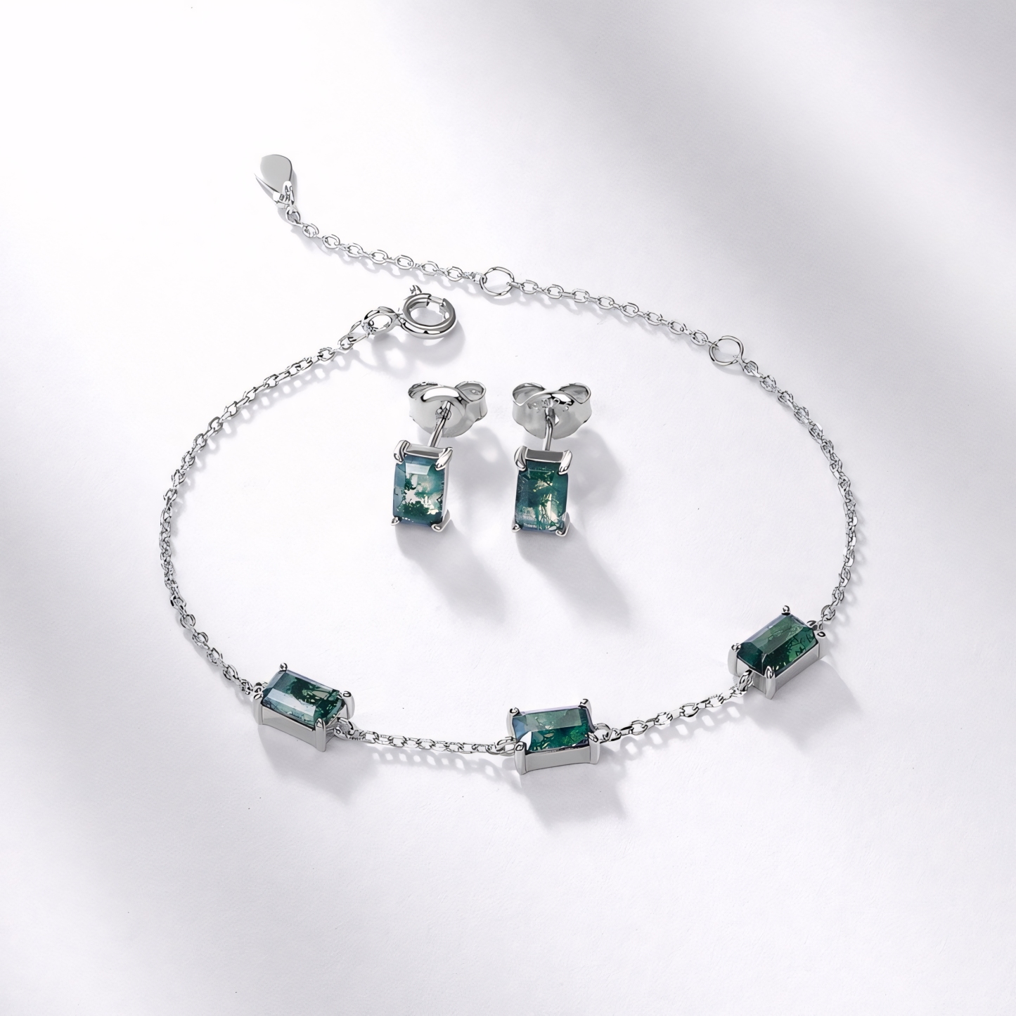 Classic Rectangle Natural Moss Agate S925 Sterling Silver Stud Earrings