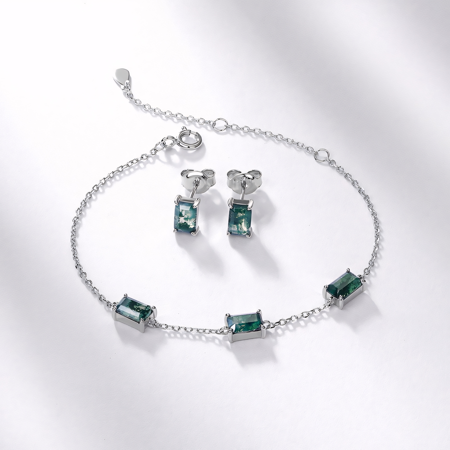 Classic Rectangle Natural Moss Agate S925 Sterling Silver Stud Earrings