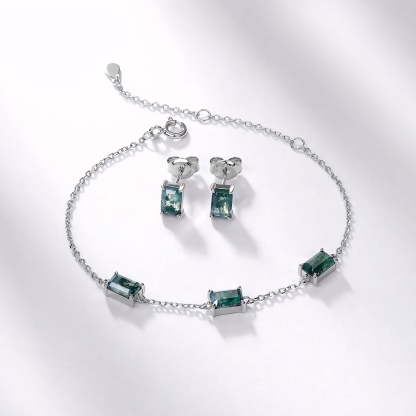 Classic Rectangle Natural Moss Agate S925 Sterling Silver Stud Earrings