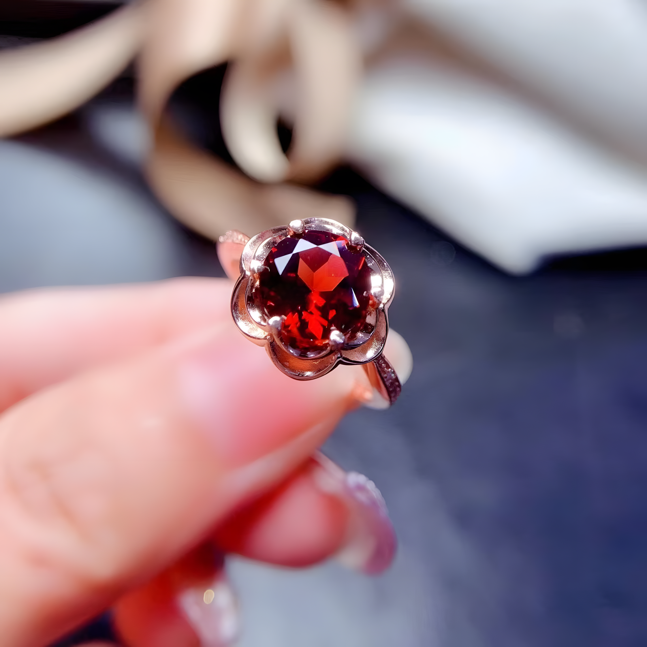 Faceted Garnet Rose Golden Color S925 Silver Ring Rose Shape Design