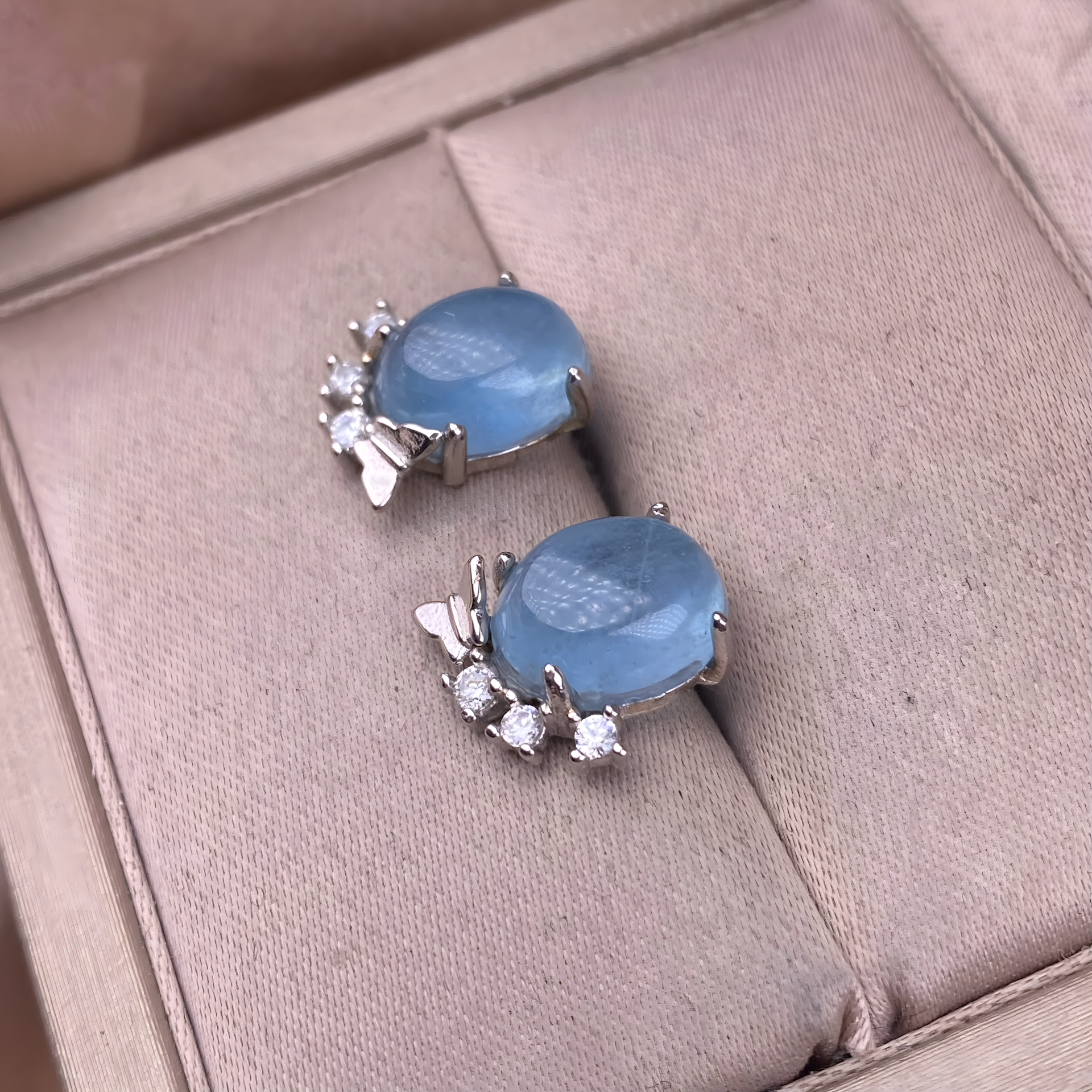 Oval Aquamarine S925 Silver Earring Four Claw Inlaid With Butterfly Design