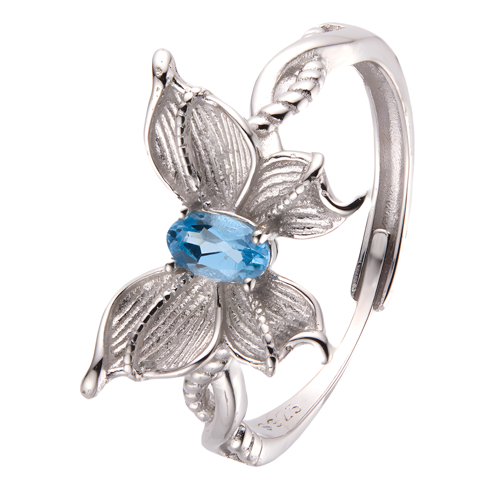 Faceted Oval Blue Topaz S925 Silver Ring Double Layer Three-dimensional Butterfly Design Natural Crystal Set
