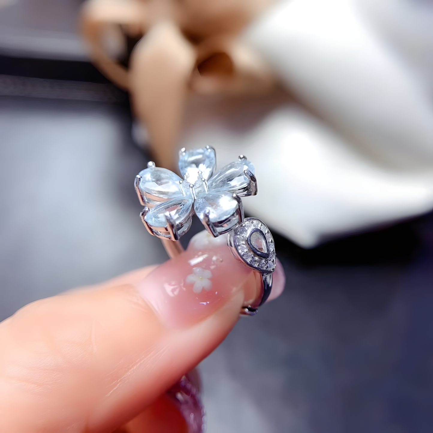 Aquamarine S925 Silver Ring Flower Design