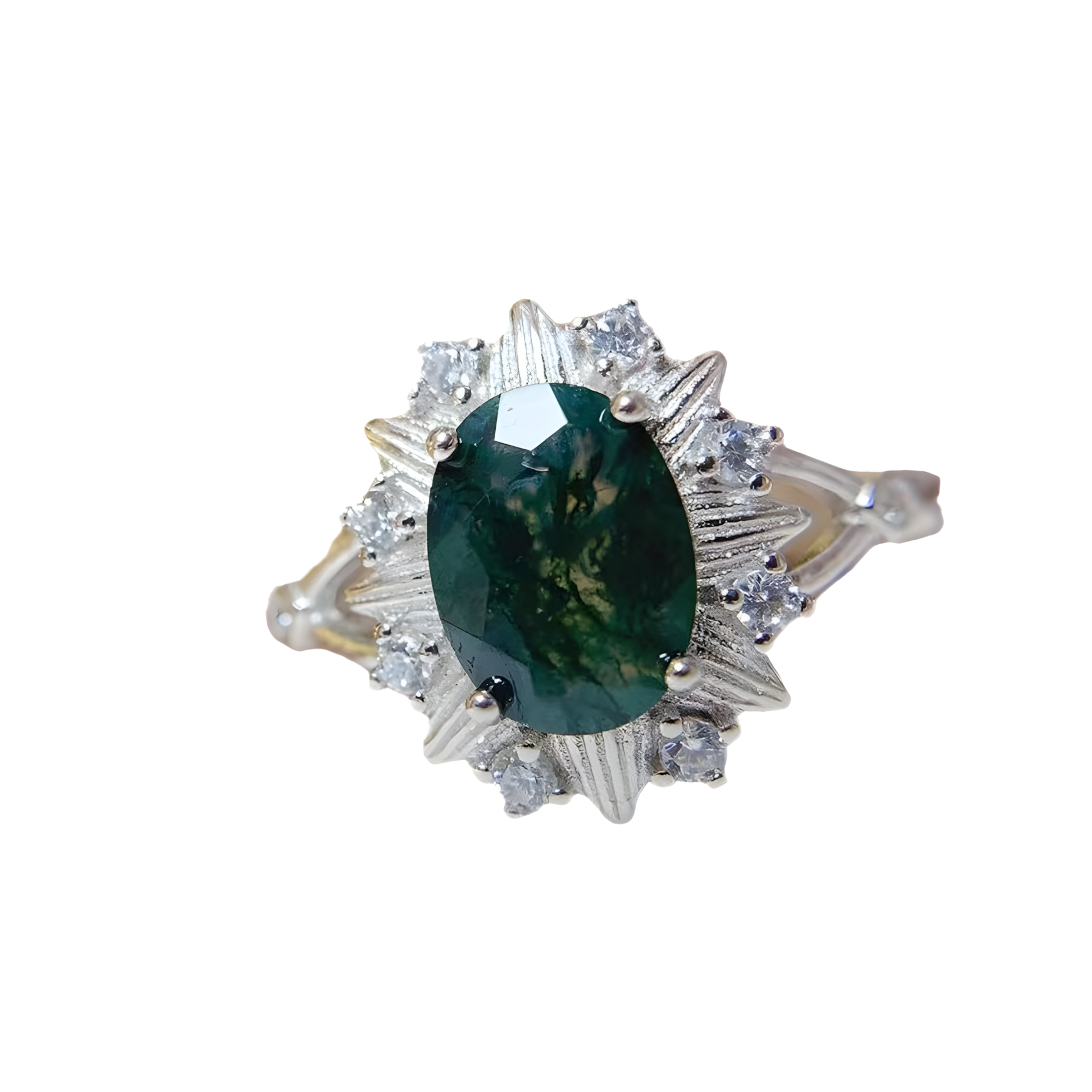 Oval Moss Agate S925 Silver Ring Flower Design