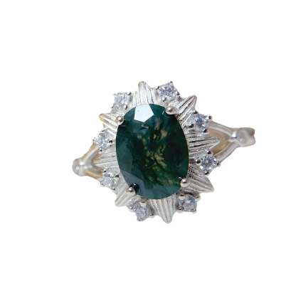 Oval Moss Agate S925 Silver Ring Flower Design
