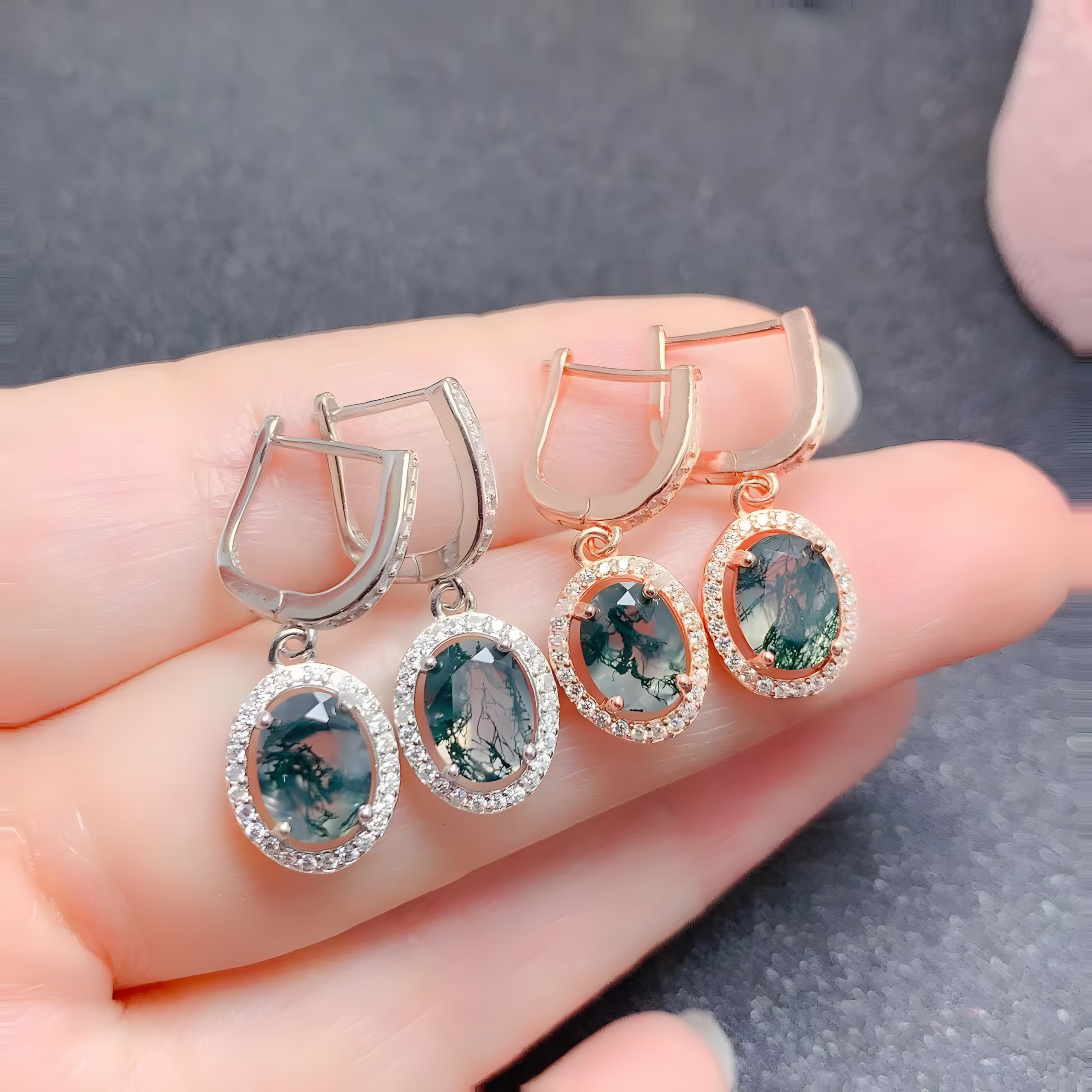 Oval Moss Agate S925 Silver Earrings Four Claws Design