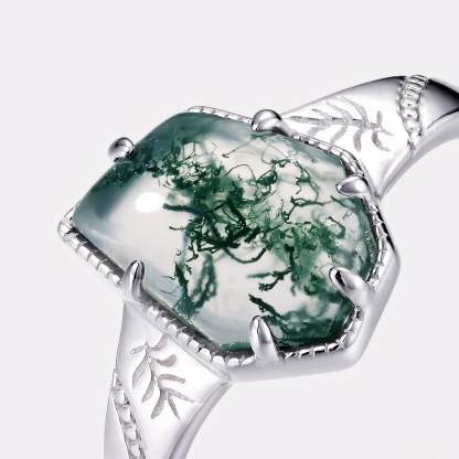 Geometric Irregular Shape Moss Agate Ring S925 Sterling Silver