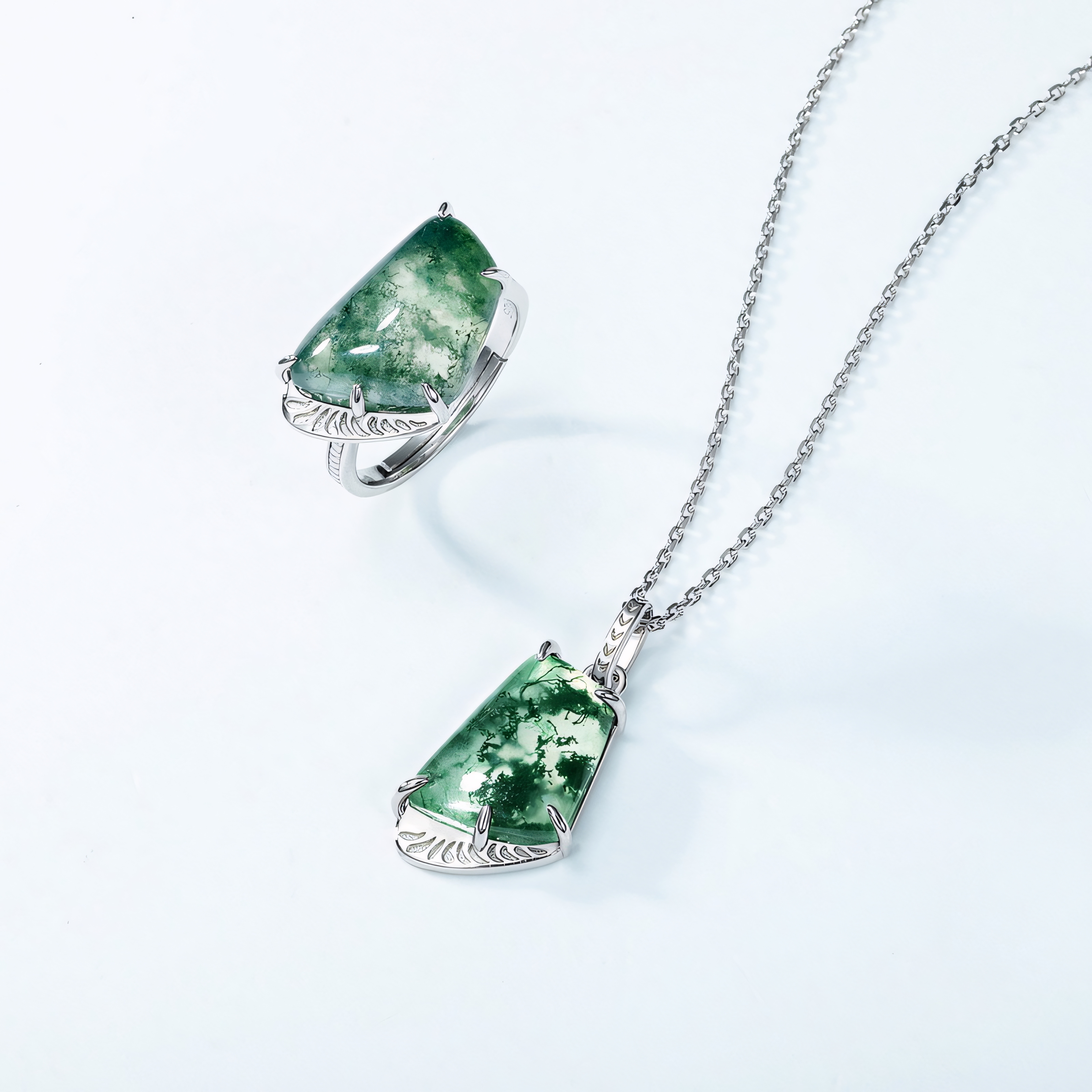 Personalised Exaggerated Geometric Moss Agate Ring S925 Sterling Silver