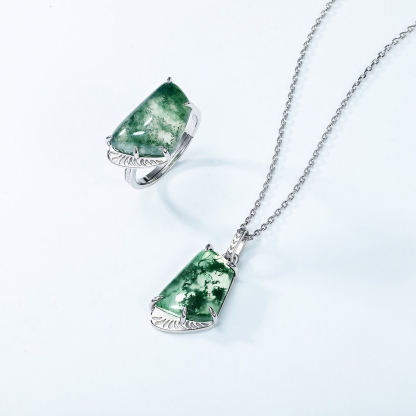 Personalised Exaggerated Geometric Moss Agate Ring S925 Sterling Silver