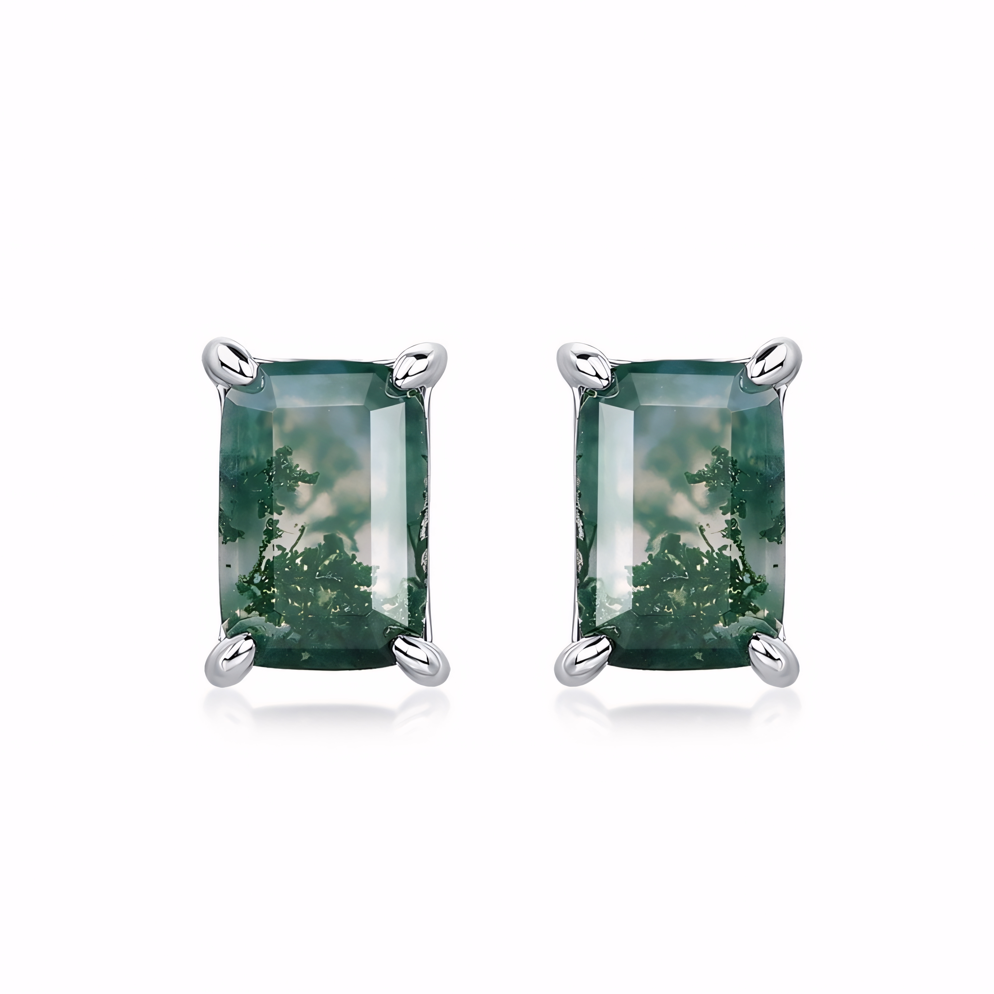 Classic Rectangle Natural Moss Agate S925 Sterling Silver Stud Earrings
