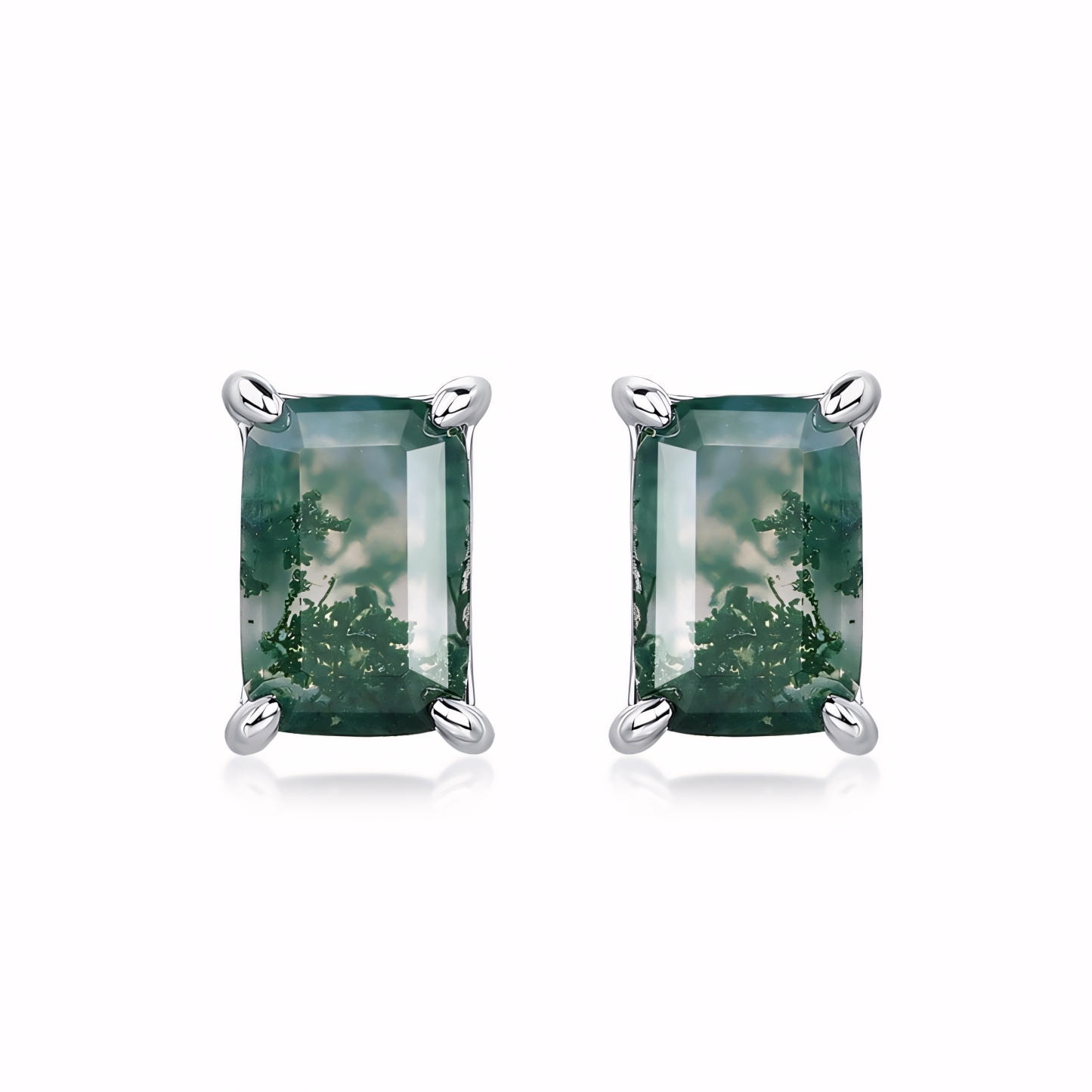Classic Rectangle Natural Moss Agate S925 Sterling Silver Stud Earrings