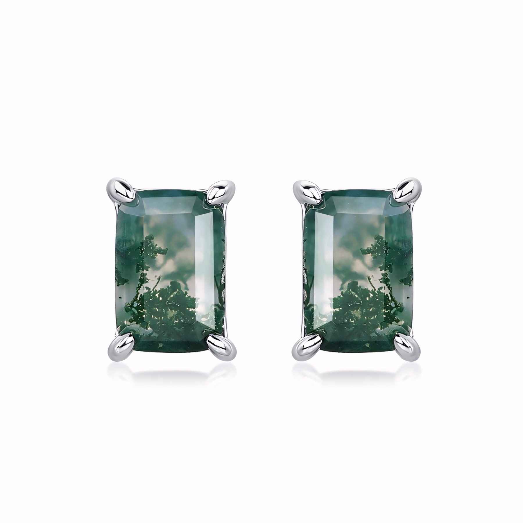 Classic Rectangle Natural Moss Agate S925 Sterling Silver Stud Earrings
