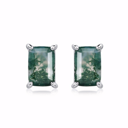 Classic Rectangle Natural Moss Agate S925 Sterling Silver Stud Earrings