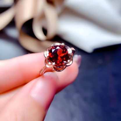 Faceted Garnet Rose Golden Color S925 Silver Ring Rose Shape Design