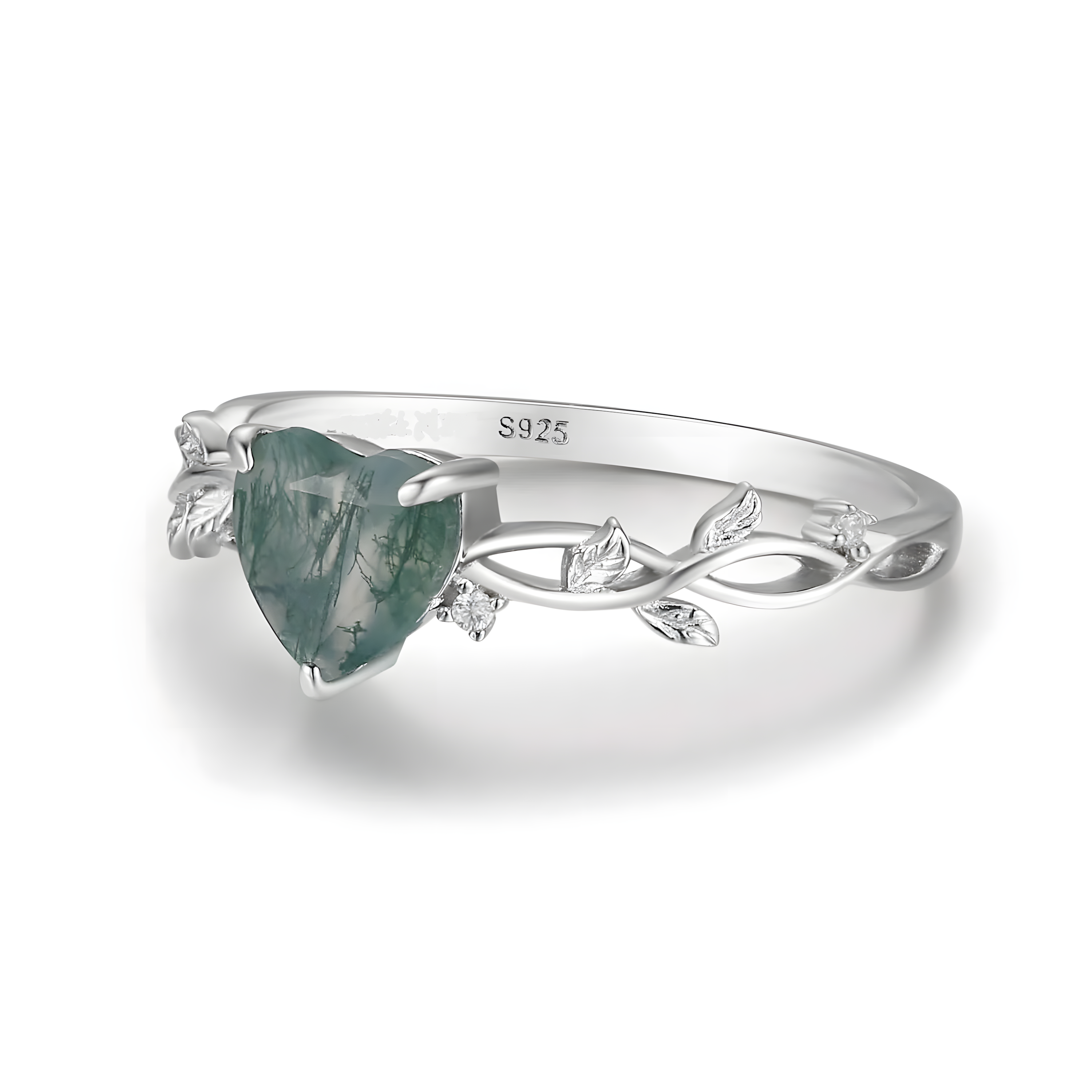 Heart Moss Agate S925 Silver Ring Twigs Leaves Design