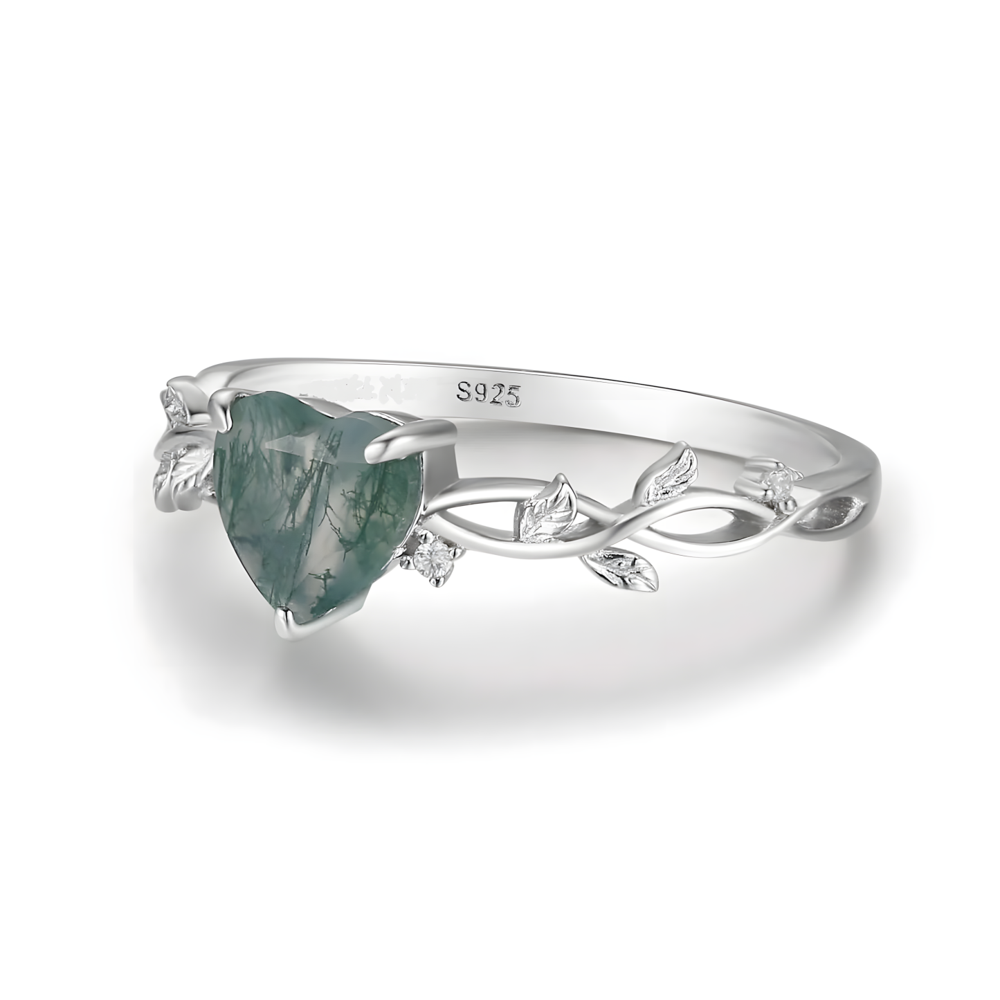 Heart Moss Agate S925 Silver Ring Twigs Leaves Design