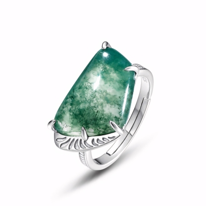 Personalised Exaggerated Geometric Moss Agate Ring S925 Sterling Silver
