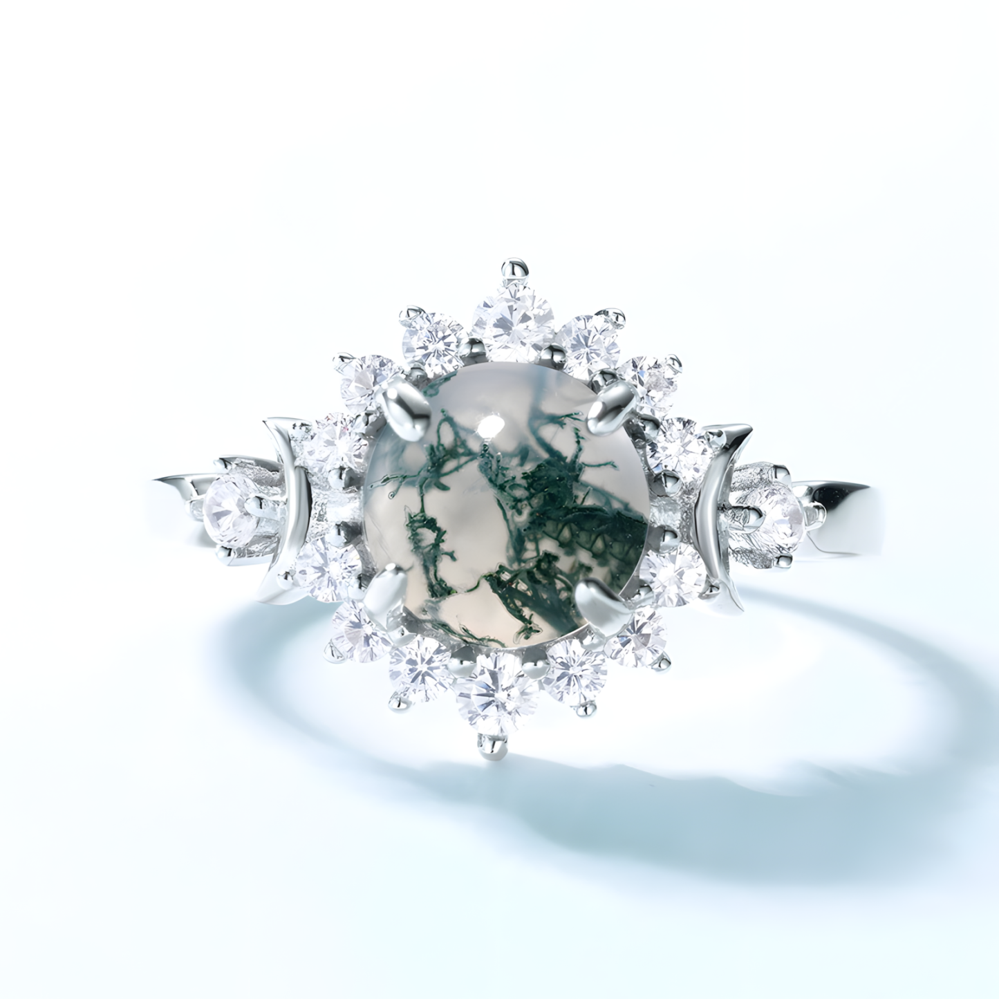 Round Moss Agate S925 Silver Ring Sunflower With Four Claws Design