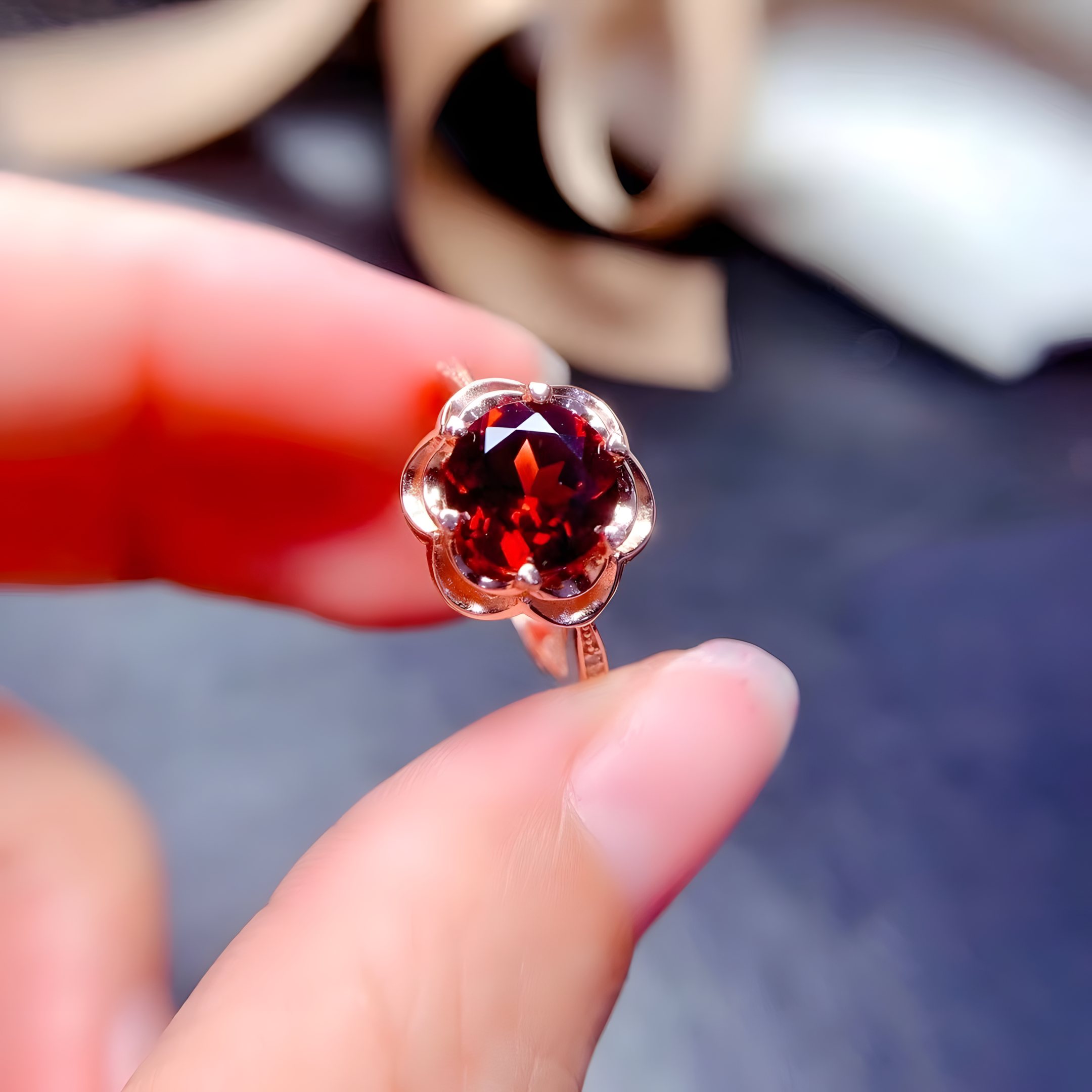 Faceted Garnet Rose Golden Color S925 Silver Ring Rose Shape Design