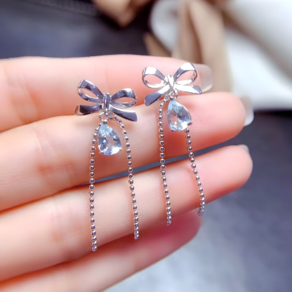 Water Drop Aquamarine S925 Silver Earrings Bow Tie Design