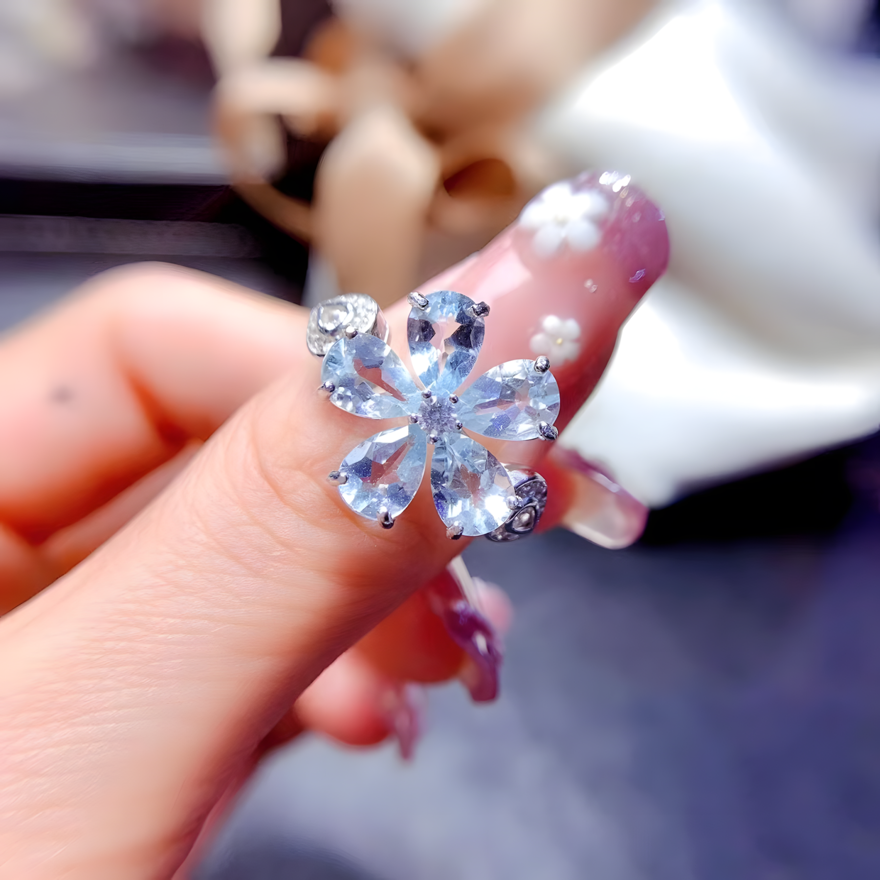Aquamarine S925 Silver Ring Flower Design