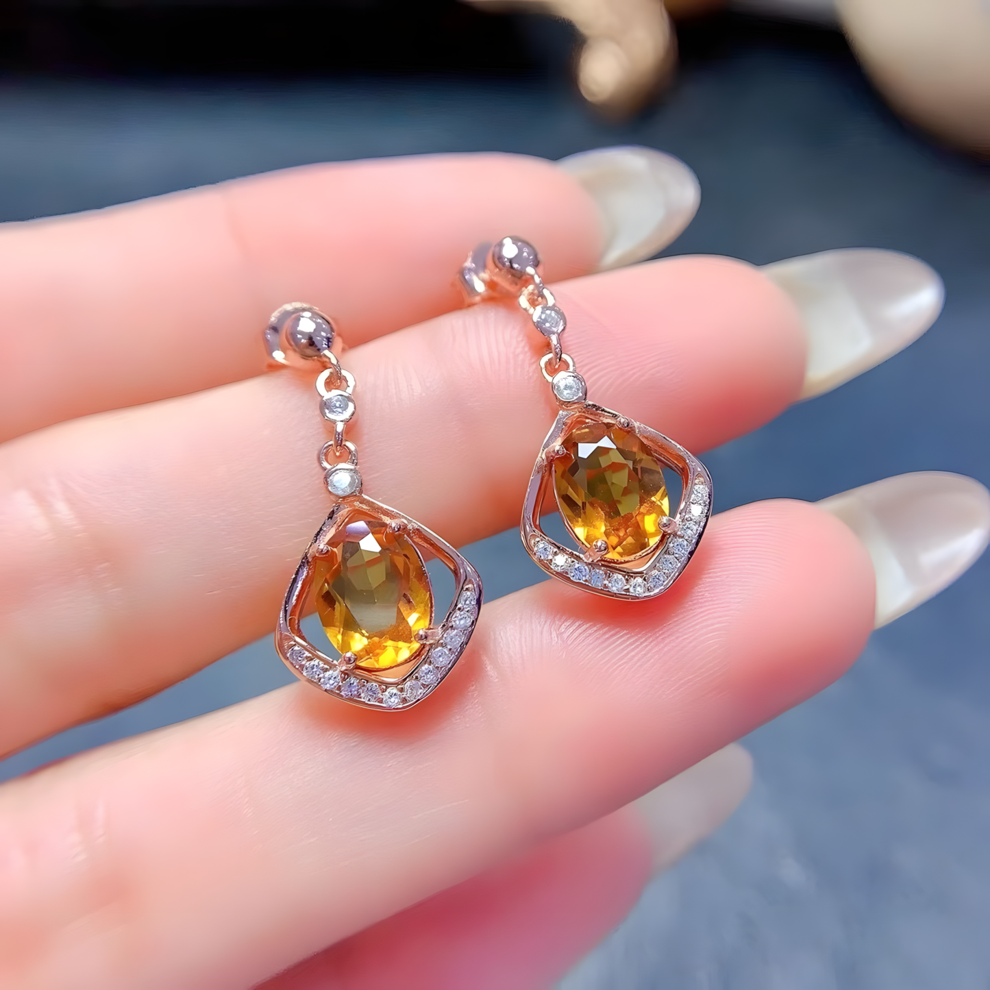 Dangling diamond Faced Oval Citrine S925 Silver Earrings