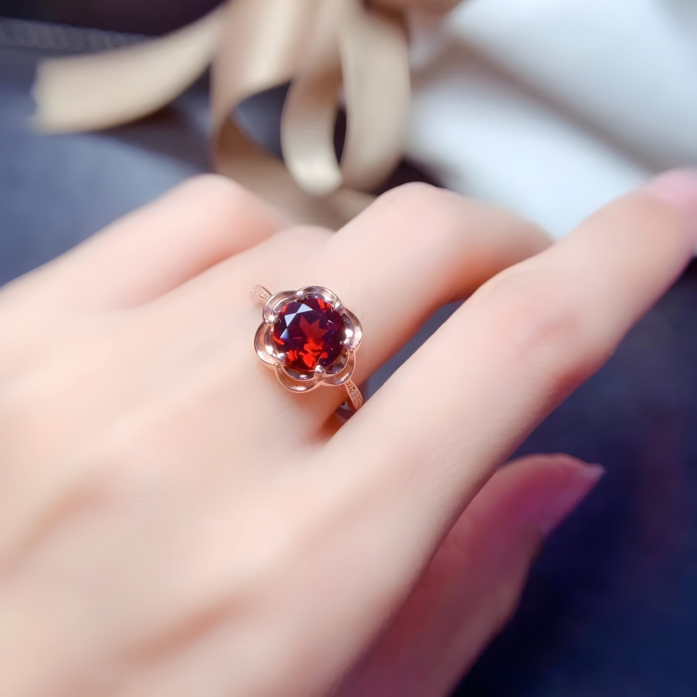 Faceted Garnet Rose Golden Color S925 Silver Ring Rose Shape Design