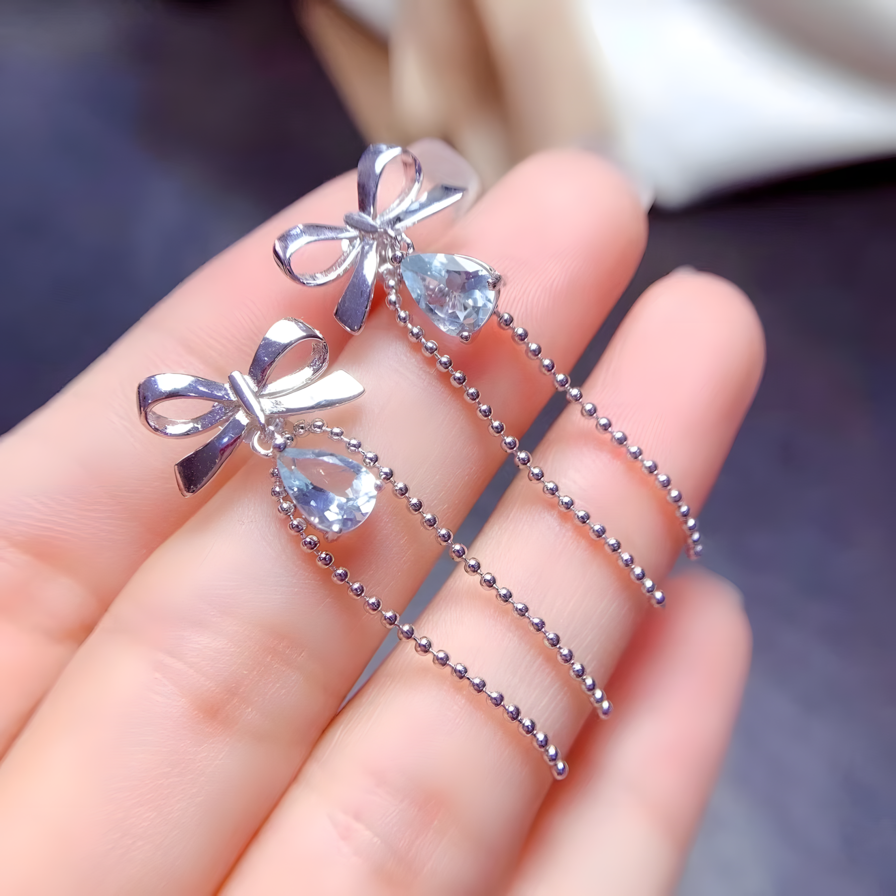 Water Drop Aquamarine S925 Silver Earrings Bow Tie Design