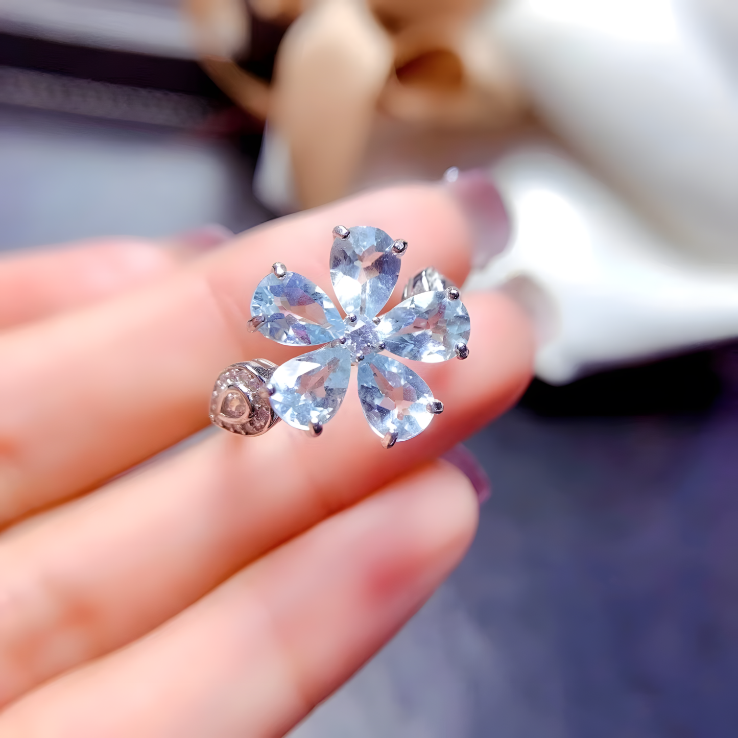 Aquamarine S925 Silver Ring Flower Design