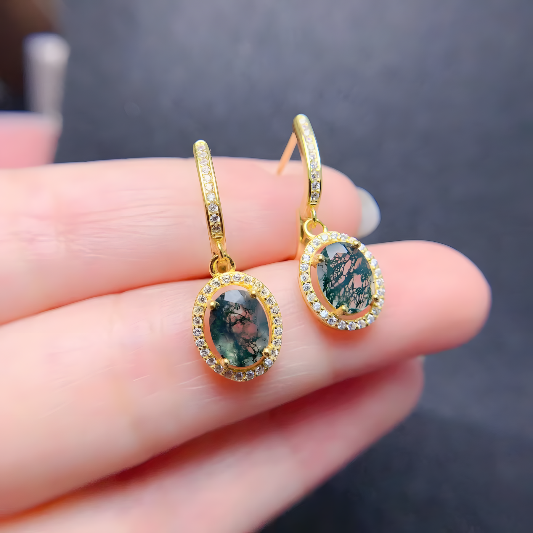 Oval Moss Agate S925 Silver Earrings Four Claws Design