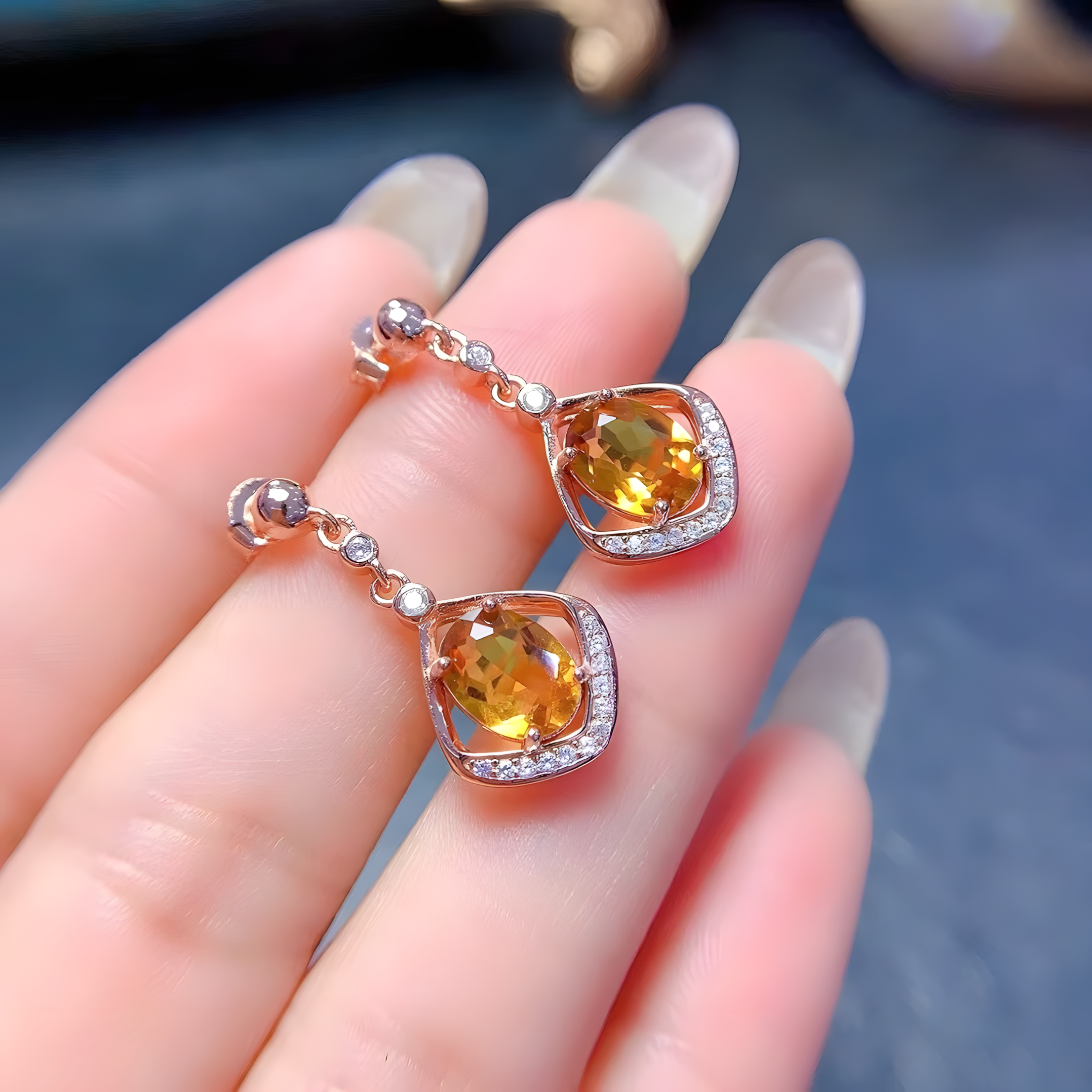 Dangling diamond Faced Oval Citrine S925 Silver Earrings