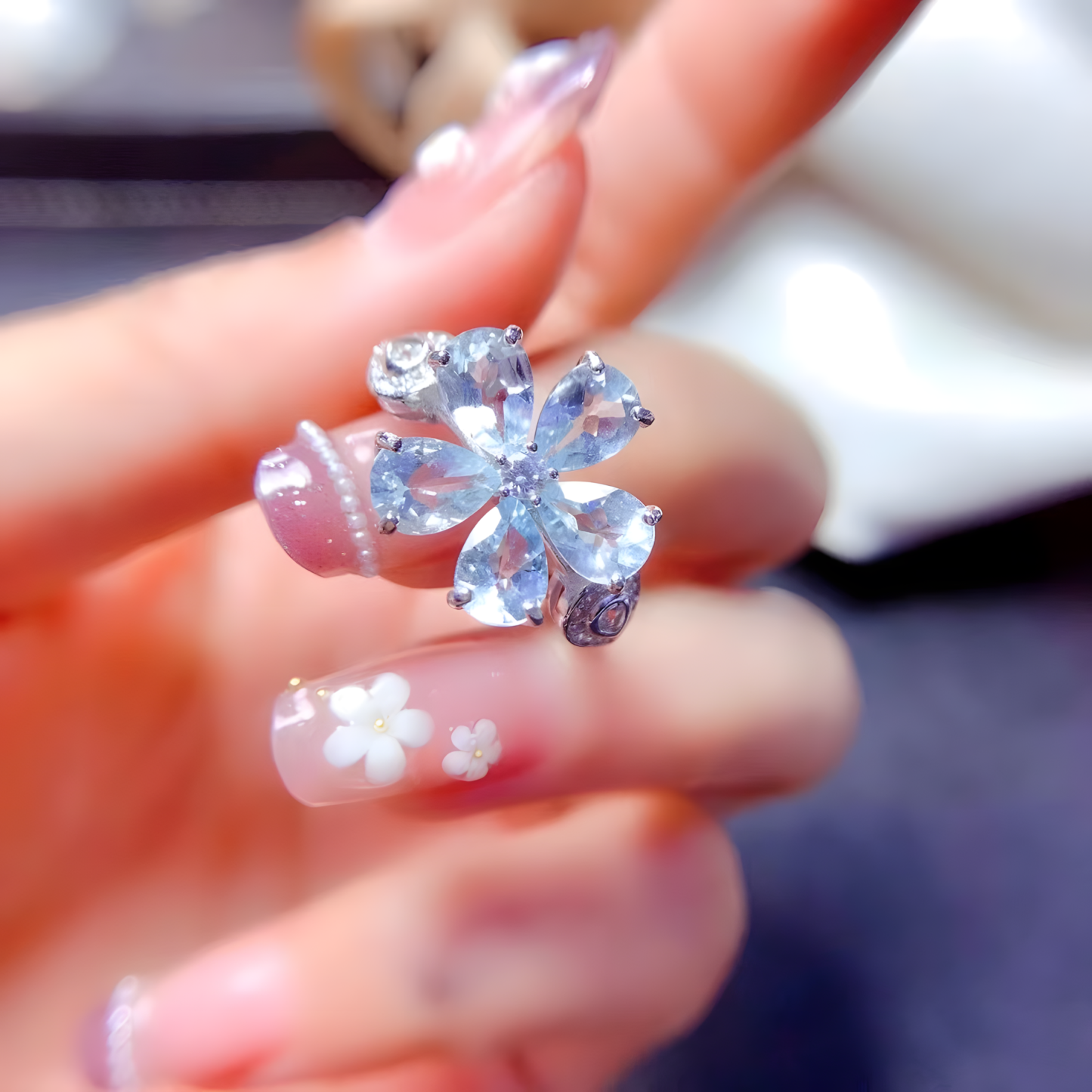 Aquamarine S925 Silver Ring Flower Design