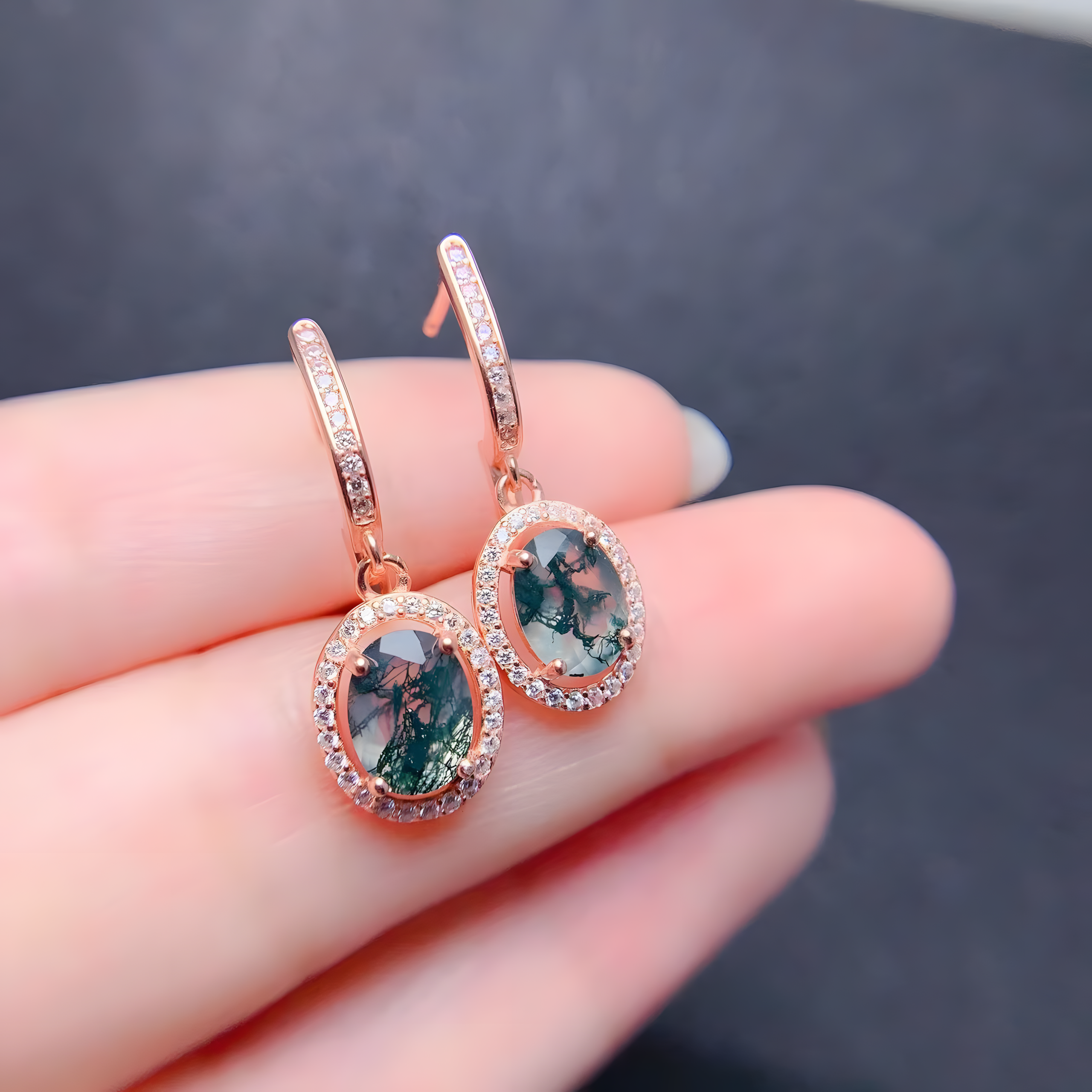 Oval Moss Agate S925 Silver Earrings Four Claws Design