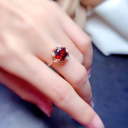 Faceted Garnet Rose Golden Color S925 Silver Ring Rose Shape Design