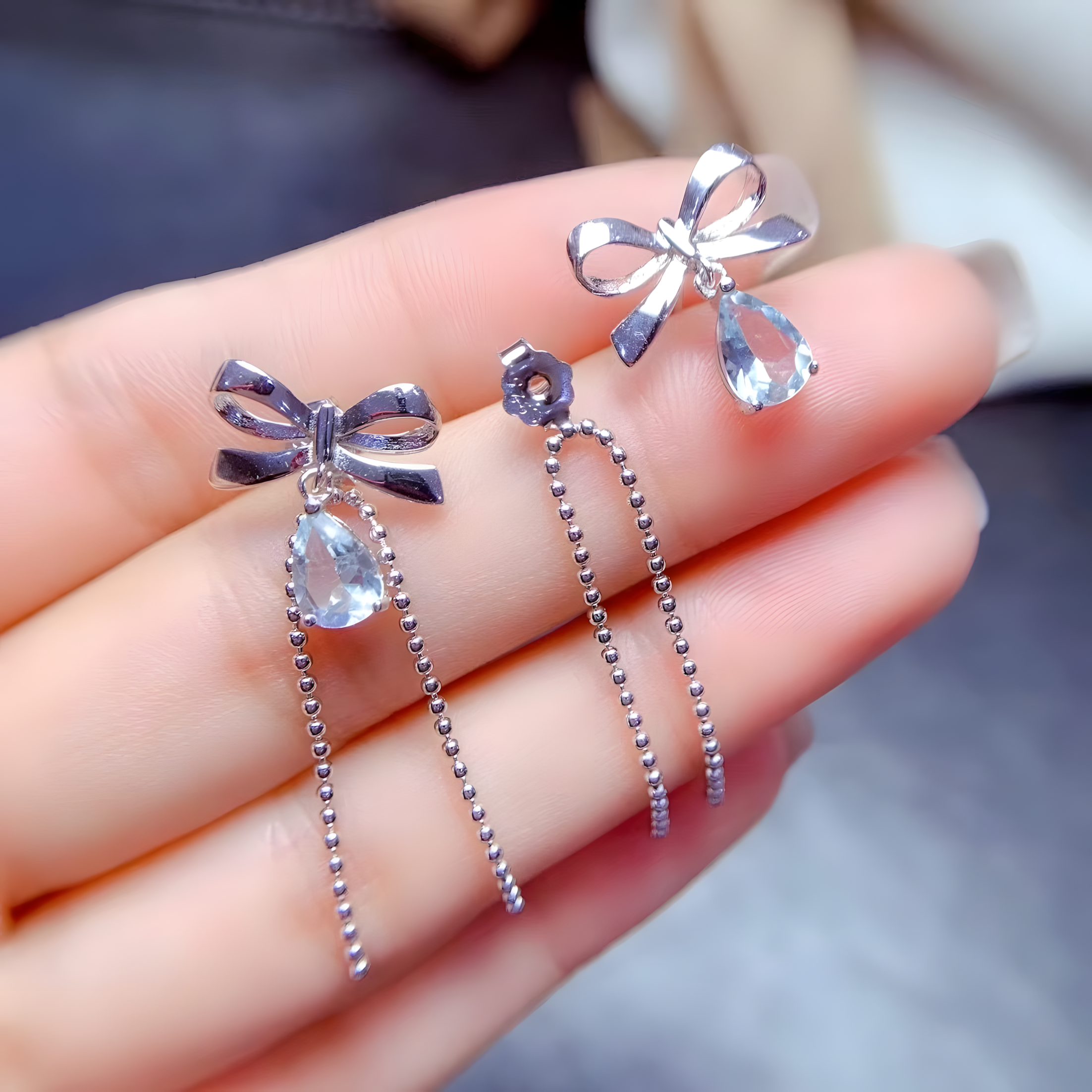 Water Drop Aquamarine S925 Silver Earrings Bow Tie Design