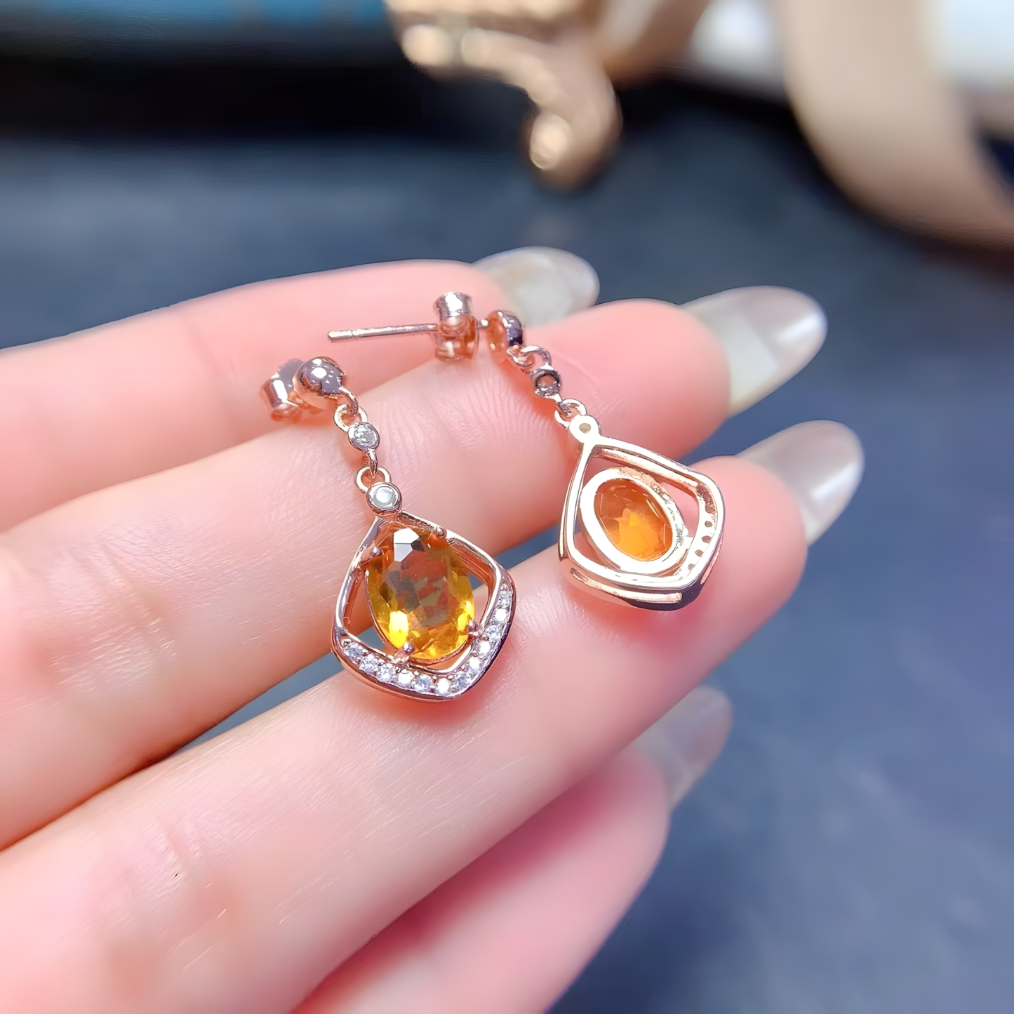 Dangling diamond Faced Oval Citrine S925 Silver Earrings
