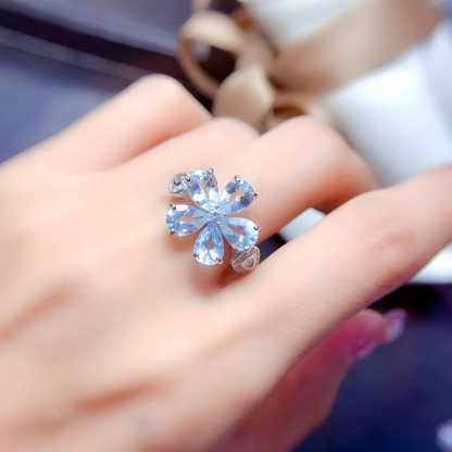 Aquamarine S925 Silver Ring Flower Design