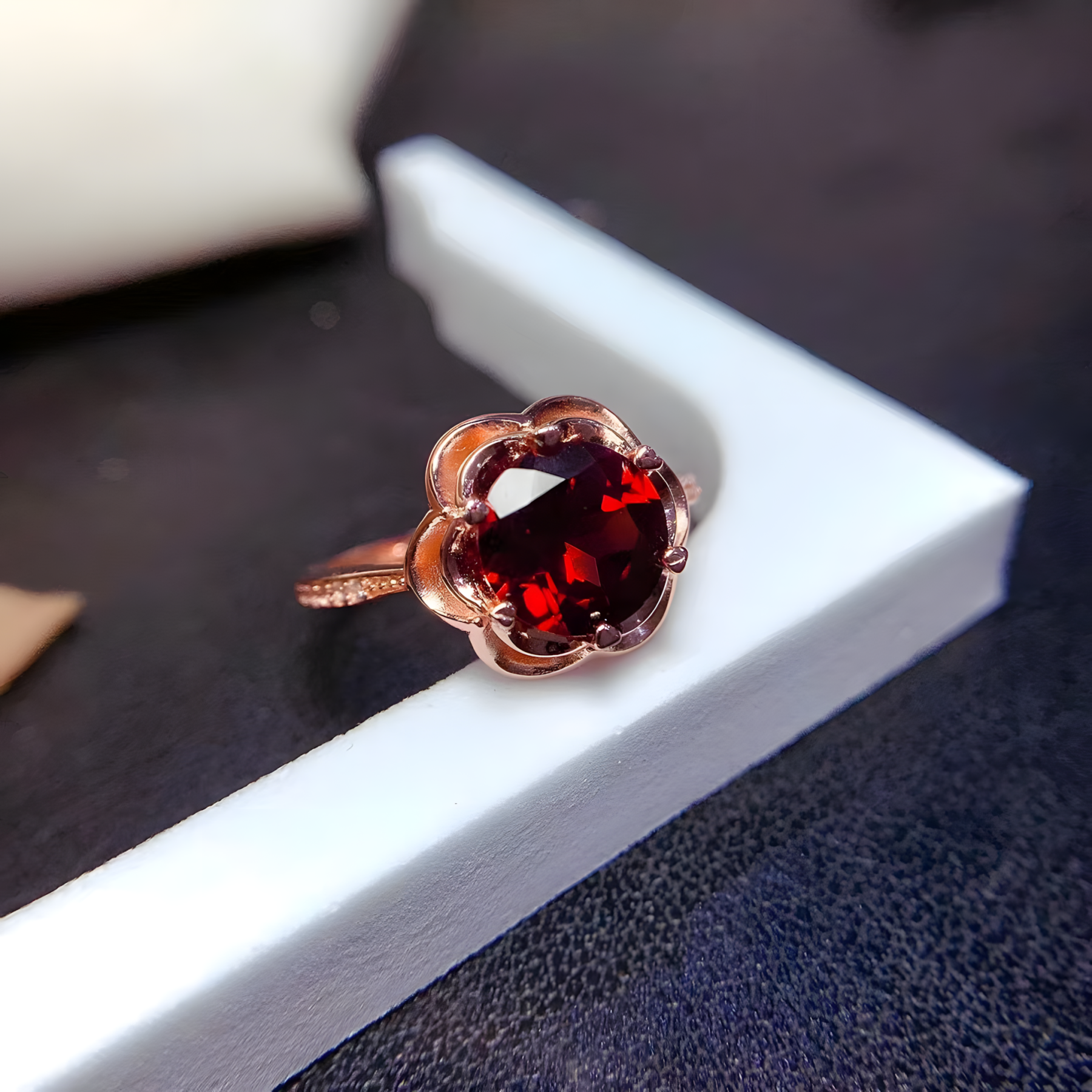 Faceted Garnet Rose Golden Color S925 Silver Ring Rose Shape Design