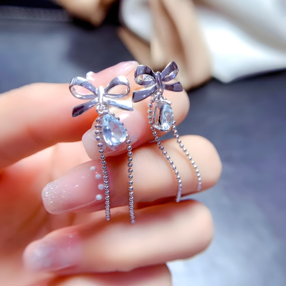 Water Drop Aquamarine S925 Silver Earrings Bow Tie Design