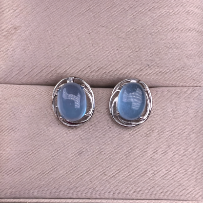 Oval Aquamarine S925 Silver Earring Four Claws Inlay Natural Crystal Design