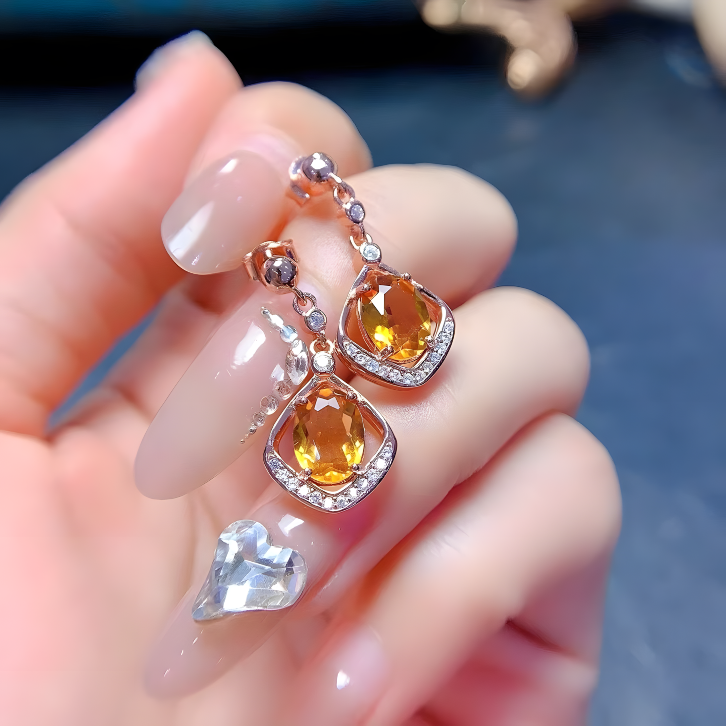 Dangling diamond Faced Oval Citrine S925 Silver Earrings