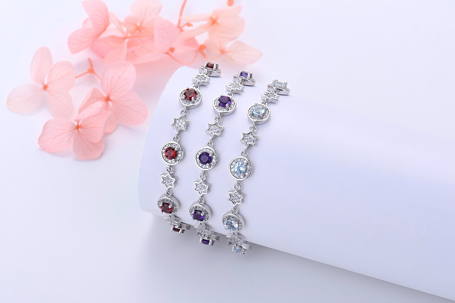 S925 Silver Star Bracelet Inlay Amethyst / Citrine / Blue Topaz / Peridot / Garnet / Gray Moon Stone Natural Crystal