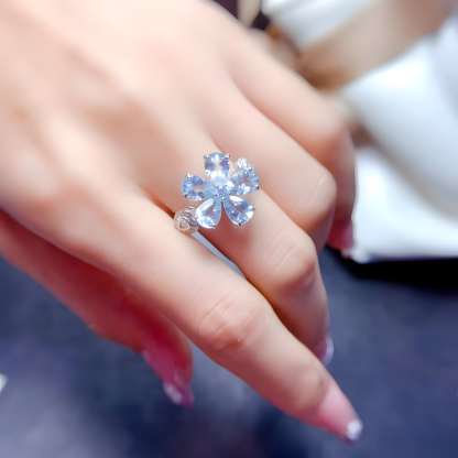 Aquamarine S925 Silver Ring Flower Design