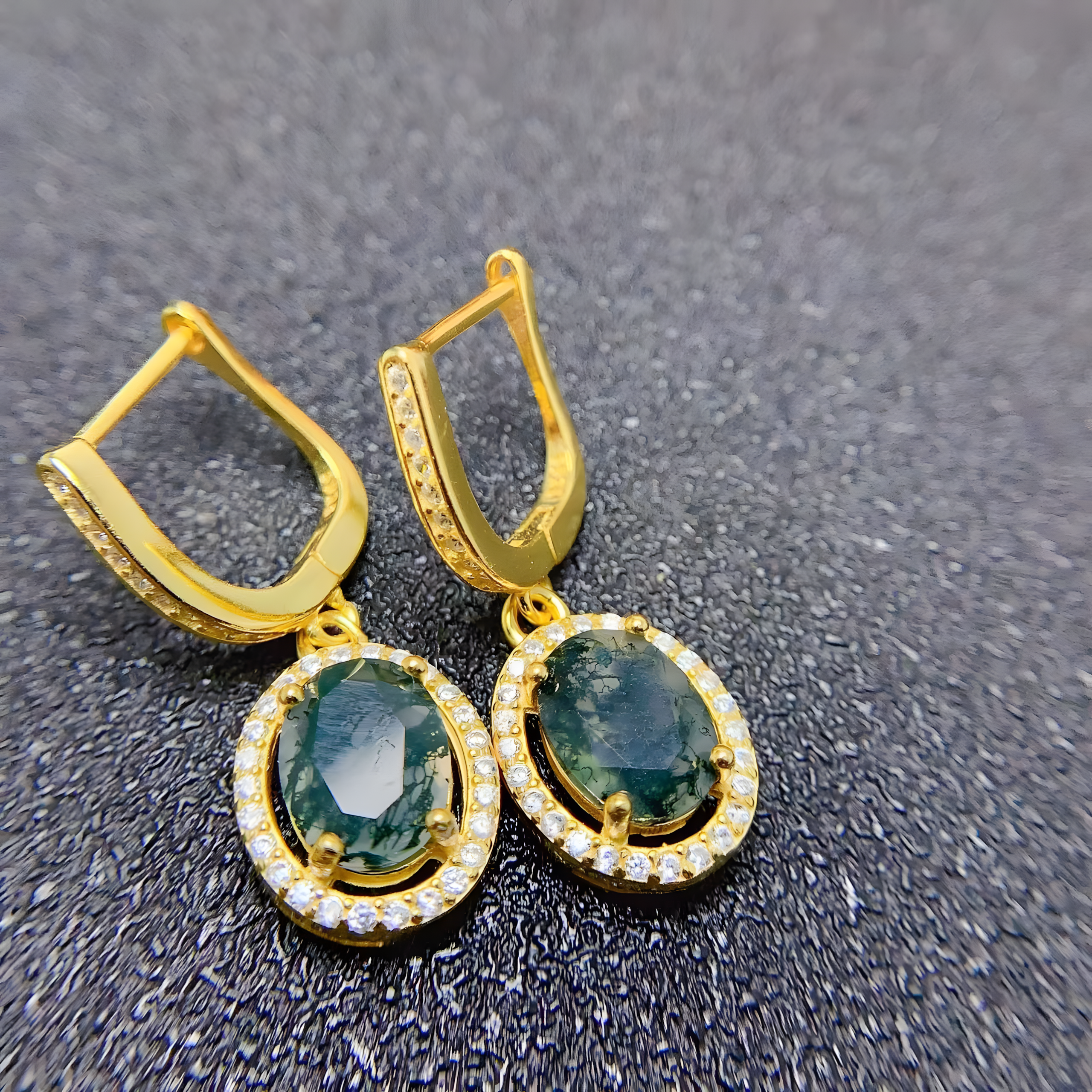 Oval Moss Agate S925 Silver Earrings Four Claws Design