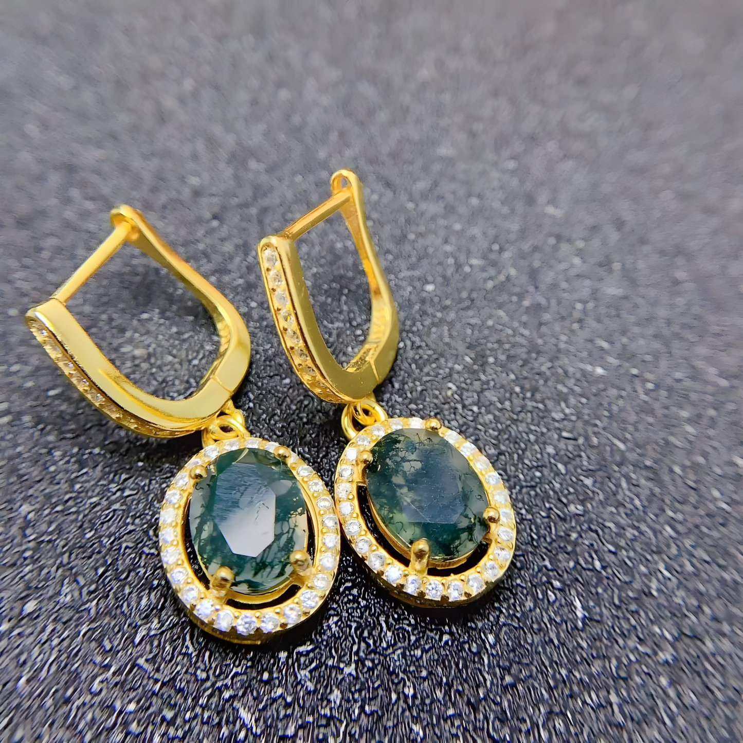 Oval Moss Agate S925 Silver Earrings Four Claws Design